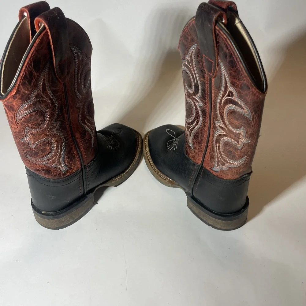 Old West Kids Unisex Broad Square Toe Brown/Fuchsia Waxy Leather Cowboy Boots